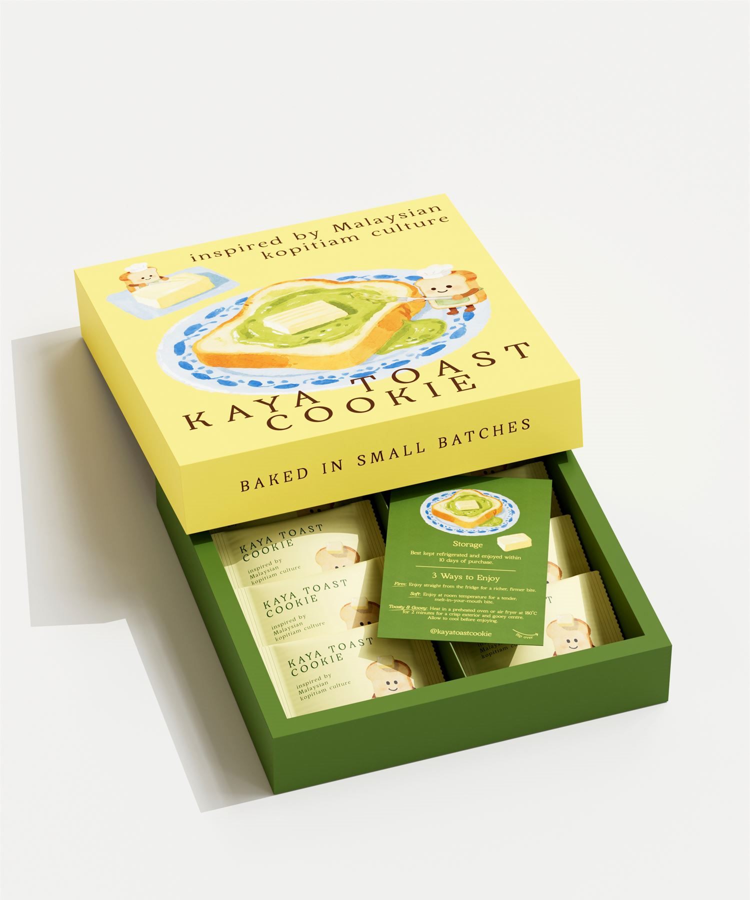 Kaya Toast Cookie box with the lid ajar showing wrapped cookies