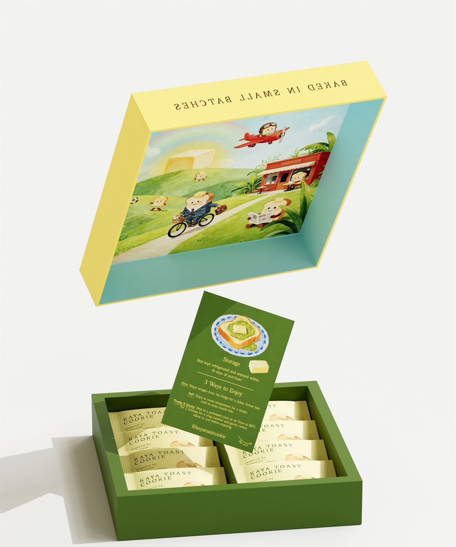 Open Kaya Toast Cookie gift box with the illustrated kopitiam lid