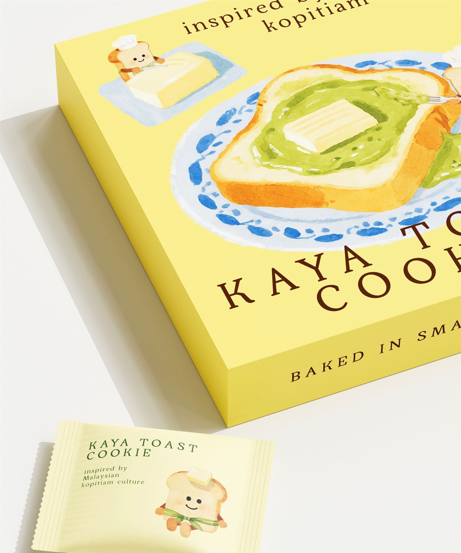Close-up of the illustrated box lid and a wrapped cookie