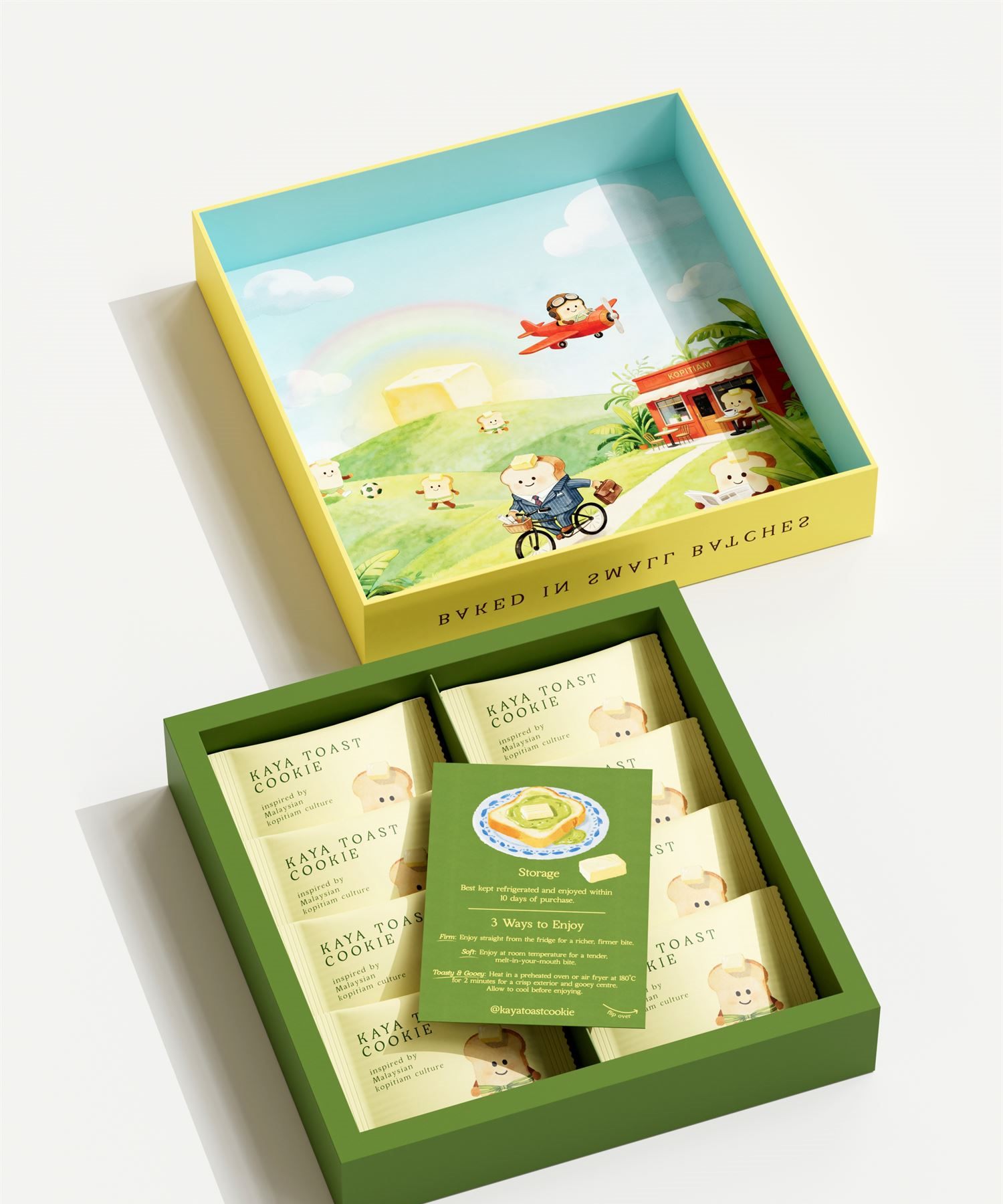 Fully open gift box showing rows of individually-wrapped cookies